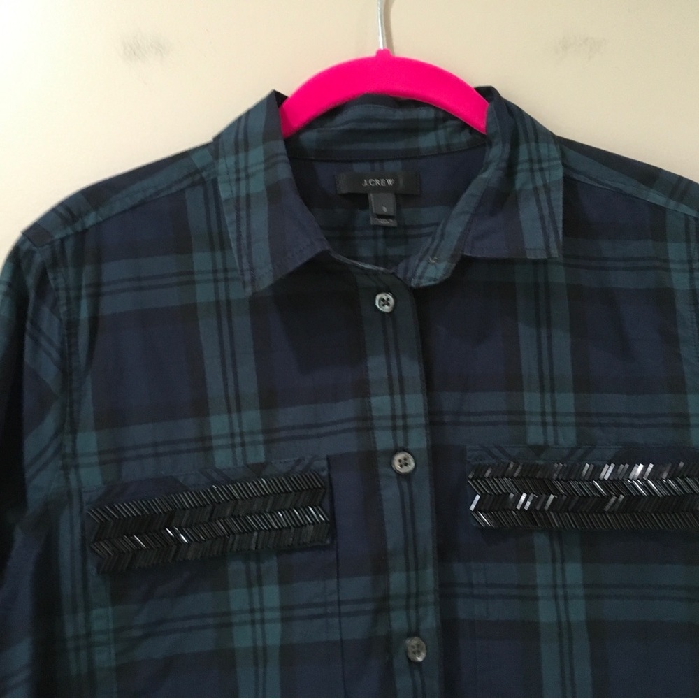 J.Crew Beaded Chevron Popover Shirt Blackwatch Plaid Green Blue Long Sleeve Sz 8 - Picture 3 of 7